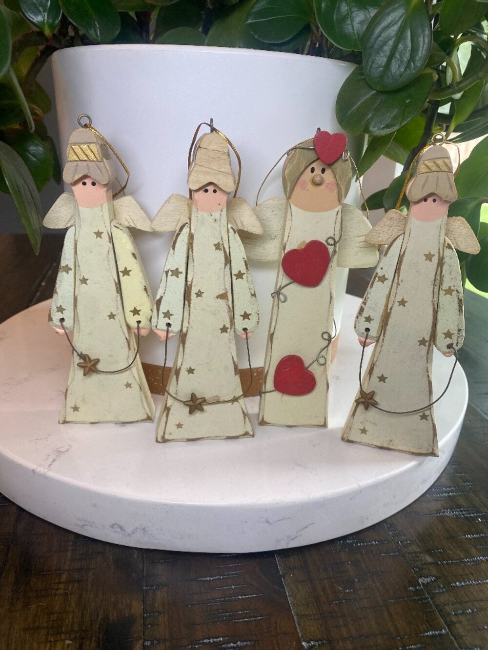 Lot 4 Wood Angel Christmas Ornaments Rustic Distressed Stars Hearts Wire Accent